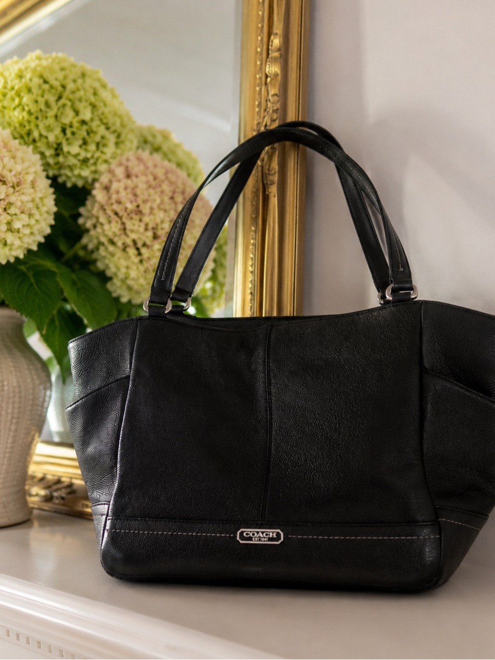 2013 Coach Park Leather Carrie Tote F23284 Black Pebbled Leather